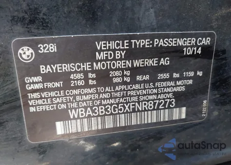 2015 BMW 328I xDrive from USA, damaged, VIN WBA3B3G5XFNR87273